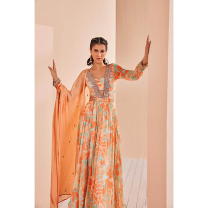 MANDIRA WIRK Embroidered Anarkali Paired with Churidar and Delicate Chiffon Dupatta (Set of 3)
