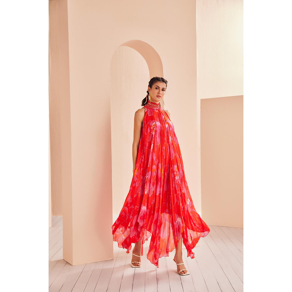 MANDIRA WIRK Printed Chiffon with Entence Hand Embroidered Collar High Low Dress