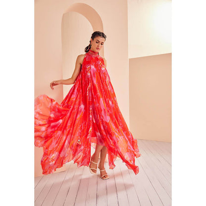 MANDIRA WIRK Printed Chiffon with Entence Hand Embroidered Collar High Low Dress