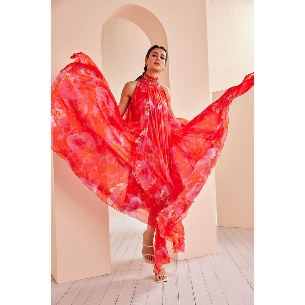 MANDIRA WIRK Printed Chiffon with Entence Hand Embroidered Collar High Low Dress