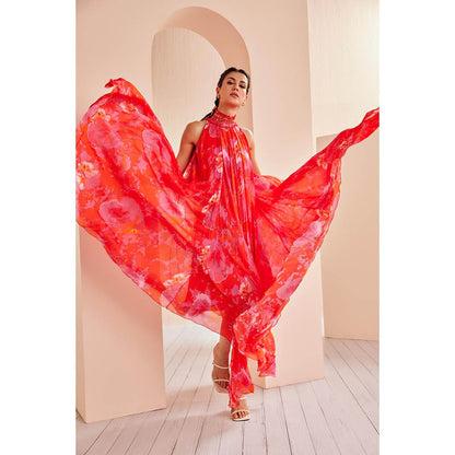 MANDIRA WIRK Printed Chiffon with Entence Hand Embroidered Collar High Low Dress