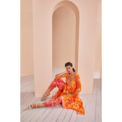 MANDIRA WIRK Printed Crepe Asymmetric Embroidered Kurti with Dhoti and Dupatta (Set of 3)