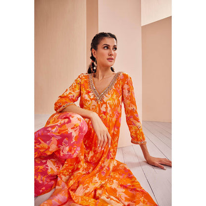 MANDIRA WIRK Printed Crepe Asymmetric Embroidered Kurti with Dhoti and Dupatta (Set of 3)