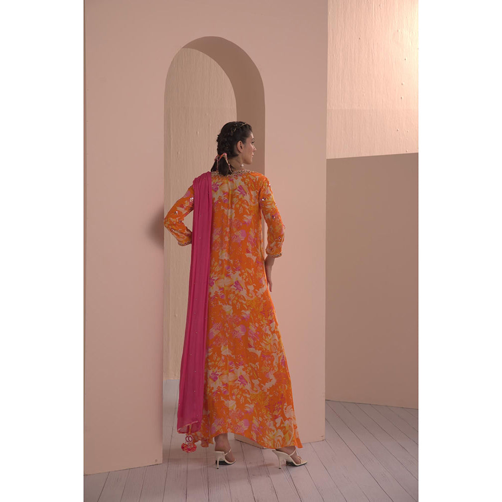 MANDIRA WIRK Printed Crepe Asymmetric Embroidered Kurti with Dhoti and Dupatta (Set of 3)