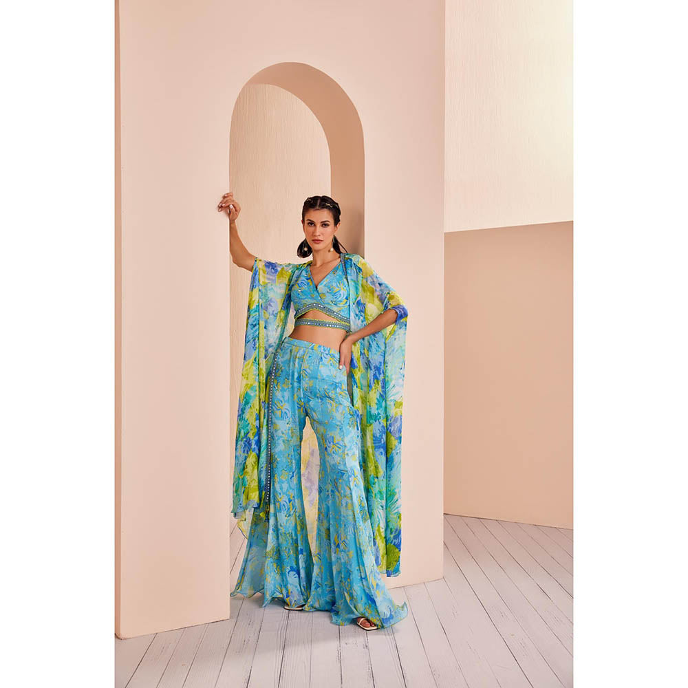 MANDIRA WIRK Printed Chiffon Embroidered Blouse Paired with Sharara, Belt and Cape (Set of 4)