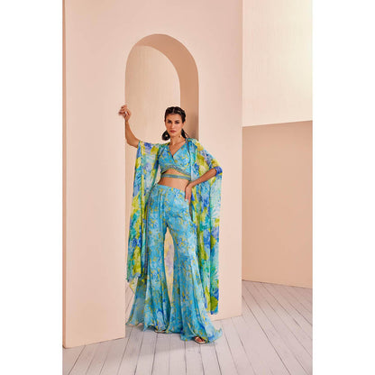 MANDIRA WIRK Printed Chiffon Embroidered Blouse Paired with Sharara, Belt and Cape (Set of 4)