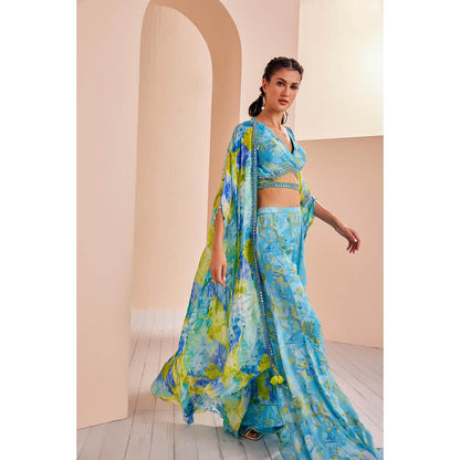MANDIRA WIRK Printed Chiffon Embroidered Blouse Paired with Sharara, Belt and Cape (Set of 4)
