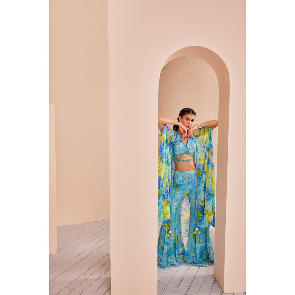 MANDIRA WIRK Printed Chiffon Embroidered Blouse Paired with Sharara, Belt and Cape (Set of 4)