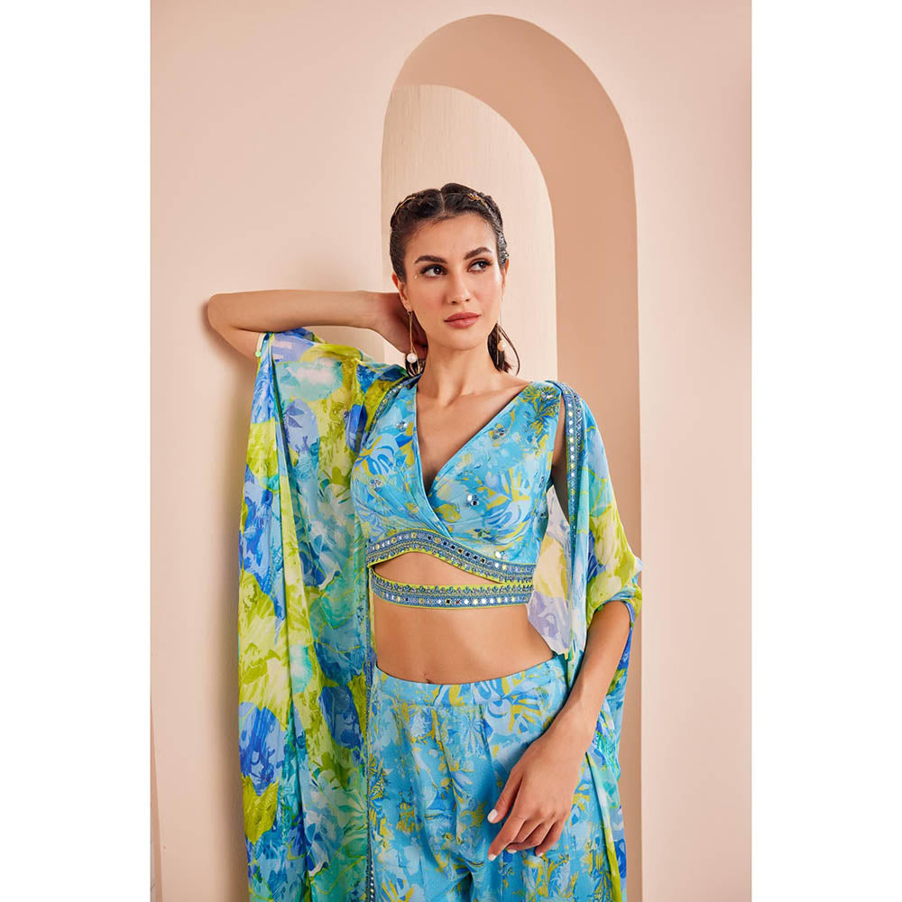 MANDIRA WIRK Printed Chiffon Embroidered Blouse Paired with Sharara, Belt and Cape (Set of 4)