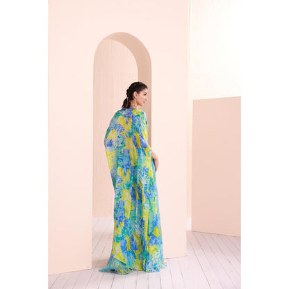 MANDIRA WIRK Printed Chiffon Embroidered Blouse Paired with Sharara, Belt and Cape (Set of 4)
