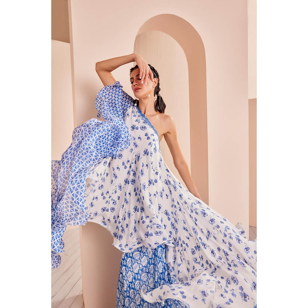 MANDIRA WIRK Blue Printed One Shoulder Stylized Chiffon Top with Sharara (Set of 2)