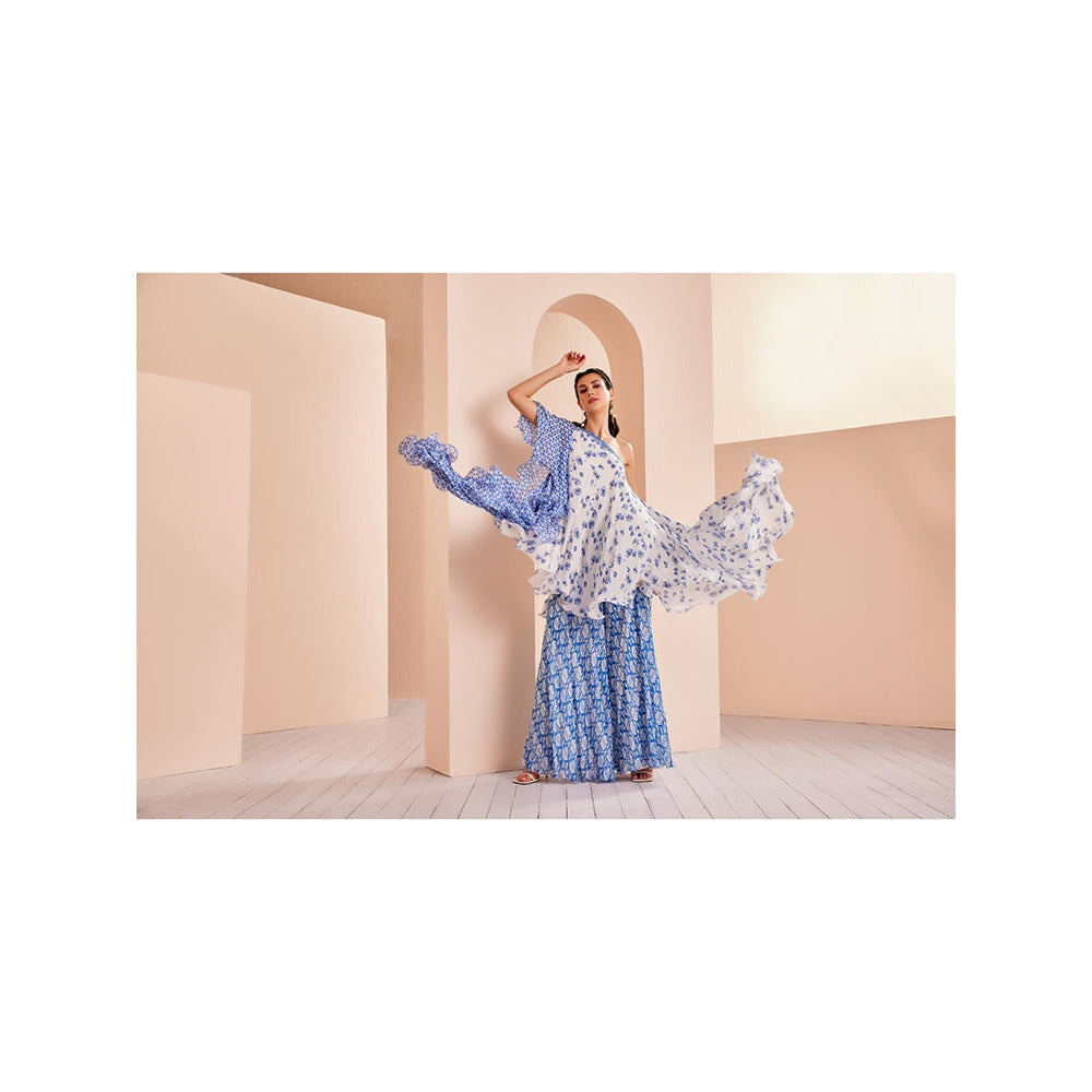 MANDIRA WIRK Blue Printed One Shoulder Stylized Chiffon Top with Sharara (Set of 2)