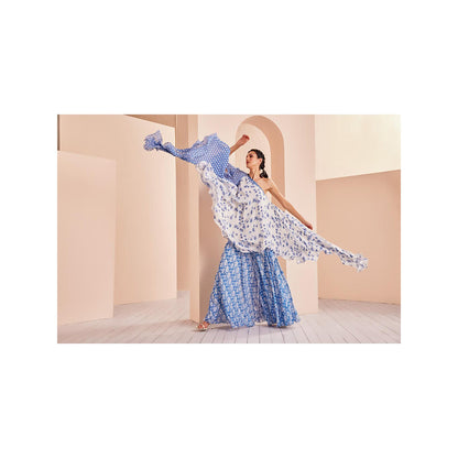 MANDIRA WIRK Blue Printed One Shoulder Stylized Chiffon Top with Sharara (Set of 2)