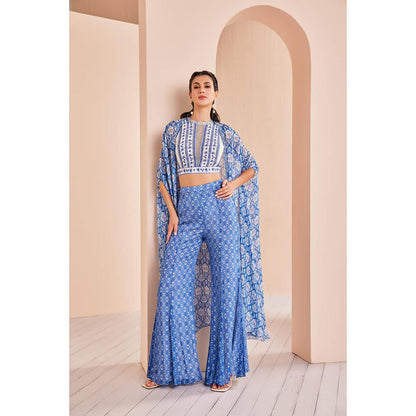 MANDIRA WIRK Blue Printed Embroidered Blouse with Sharara and Cape (Set of 3)