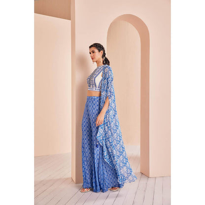MANDIRA WIRK Blue Printed Embroidered Blouse with Sharara and Cape (Set of 3)