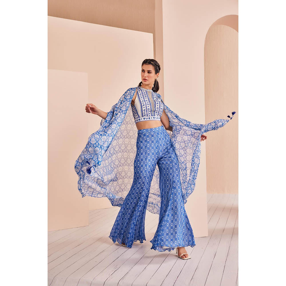 MANDIRA WIRK Blue Printed Embroidered Blouse with Sharara and Cape (Set of 3)
