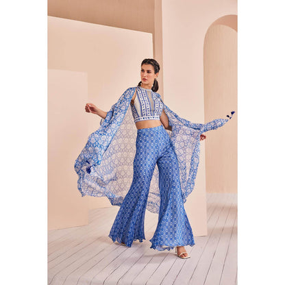 MANDIRA WIRK Blue Printed Embroidered Blouse with Sharara and Cape (Set of 3)