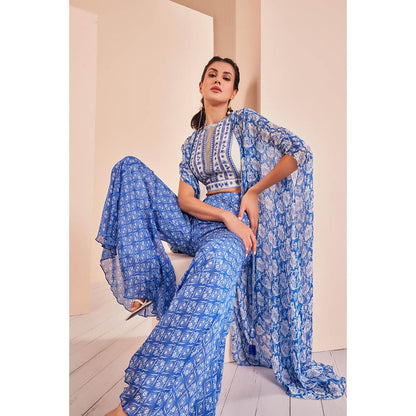 MANDIRA WIRK Blue Printed Embroidered Blouse with Sharara and Cape (Set of 3)