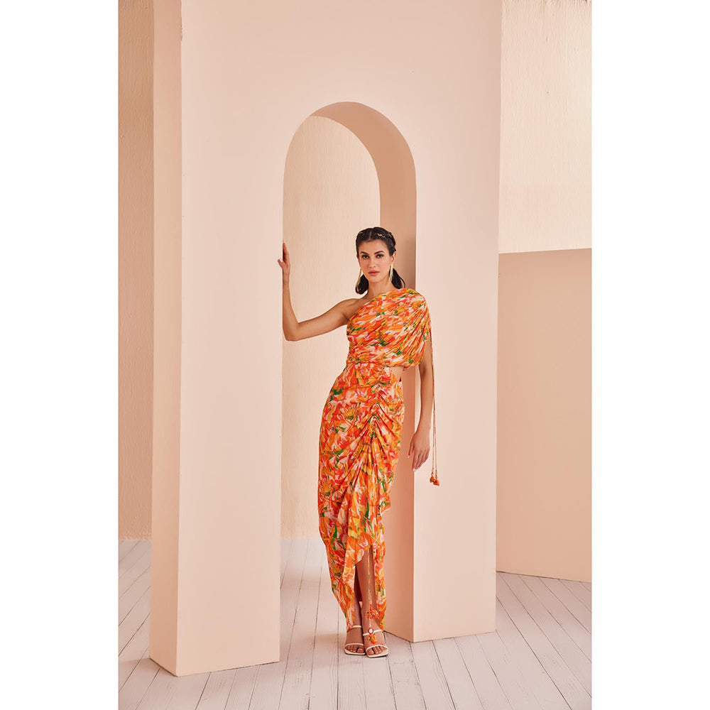 MANDIRA WIRK Yellow Mesh Printed Rushed Dress