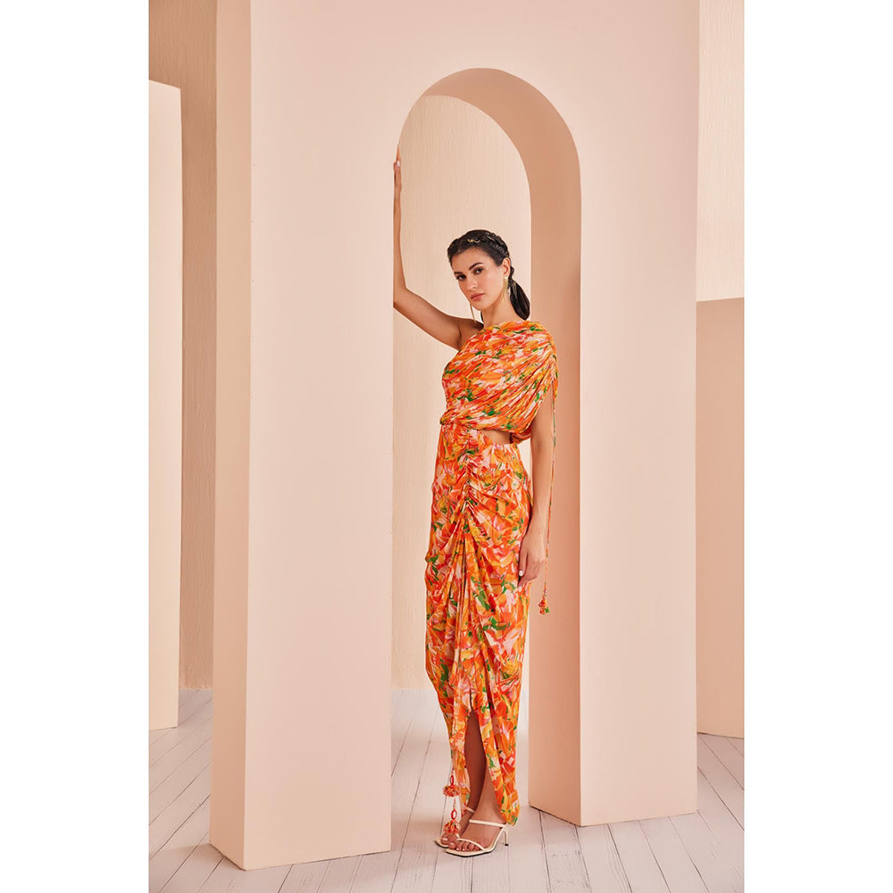 MANDIRA WIRK Yellow Mesh Printed Rushed Dress