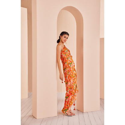 MANDIRA WIRK Yellow Mesh Printed Rushed Dress