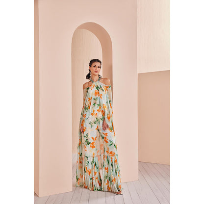 MANDIRA WIRK Sage Canna Floret Chiffon Printed Halter Neck Jumpsuit