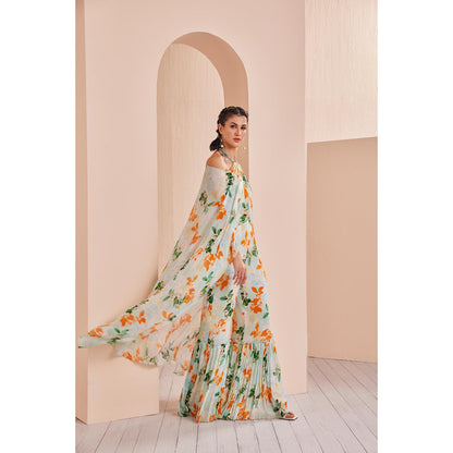 MANDIRA WIRK Sage Canna Floret Chiffon Printed Halter Neck Jumpsuit