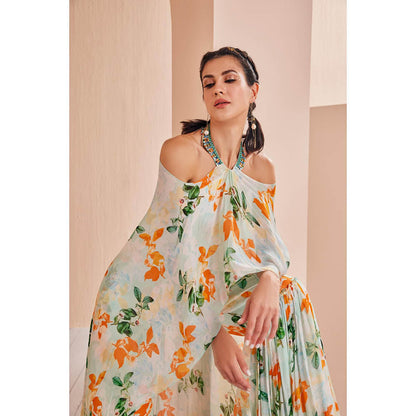 MANDIRA WIRK Sage Canna Floret Chiffon Printed Halter Neck Jumpsuit