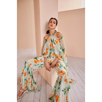 MANDIRA WIRK Sage Canna Floret Chiffon Printed Halter Neck Jumpsuit