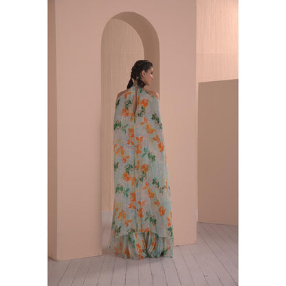 MANDIRA WIRK Sage Canna Floret Chiffon Printed Halter Neck Jumpsuit