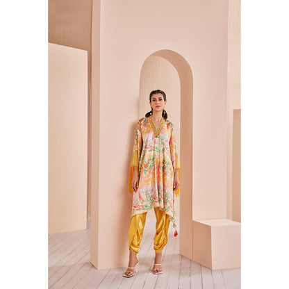 MANDIRA WIRK Yellow Leafy Ash Printed Satin Kaftan Kurta and Dhoti (Set of 2)