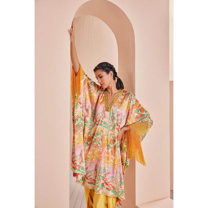MANDIRA WIRK Yellow Leafy Ash Printed Satin Kaftan Kurta and Dhoti (Set of 2)