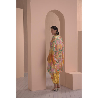 MANDIRA WIRK Yellow Leafy Ash Printed Satin Kaftan Kurta and Dhoti (Set of 2)