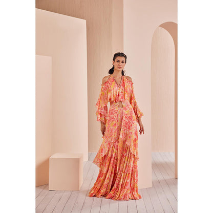 MANDIRA WIRK Red Pancy Daisy Chiffon Butterfly Kurta Top with Tiered Sharara (Set of 2)