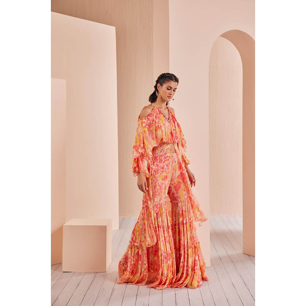 MANDIRA WIRK Red Pancy Daisy Chiffon Butterfly Kurta Top with Tiered Sharara (Set of 2)