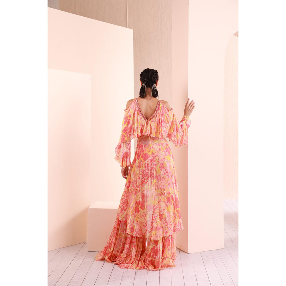 MANDIRA WIRK Red Pancy Daisy Chiffon Butterfly Kurta Top with Tiered Sharara (Set of 2)