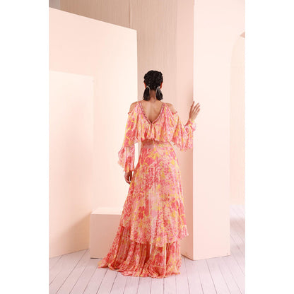 MANDIRA WIRK Red Pancy Daisy Chiffon Butterfly Kurta Top with Tiered Sharara (Set of 2)