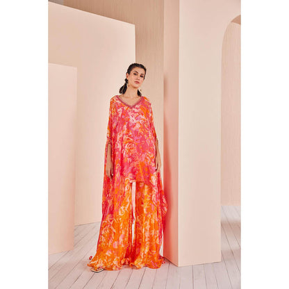 MANDIRA WIRK Chiffon Kaftan Kurta with Panneled Sharara (Set of 3)