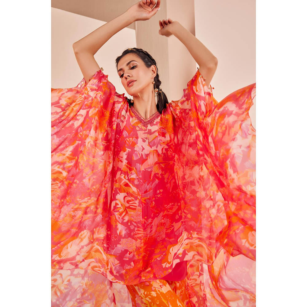 MANDIRA WIRK Chiffon Kaftan Kurta with Panneled Sharara (Set of 3)