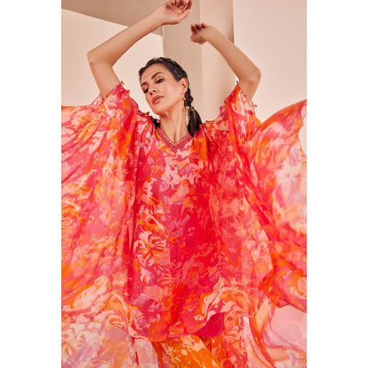 MANDIRA WIRK Chiffon Kaftan Kurta with Panneled Sharara (Set of 3)