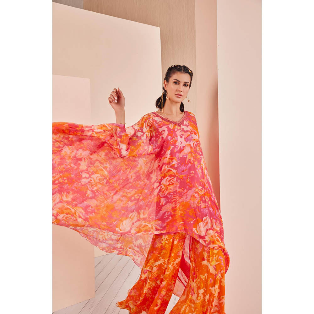 MANDIRA WIRK Chiffon Kaftan Kurta with Panneled Sharara (Set of 3)