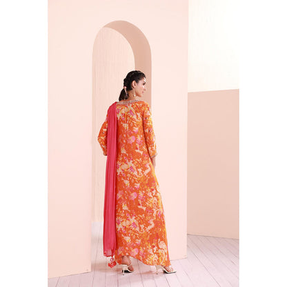 MANDIRA WIRK Chiffon Kaftan Kurta with Panneled Sharara (Set of 3)
