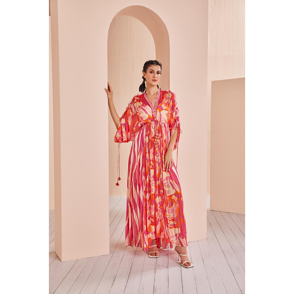 MANDIRA WIRK Pink Printed Chiffon Kaftan (Set of 2)
