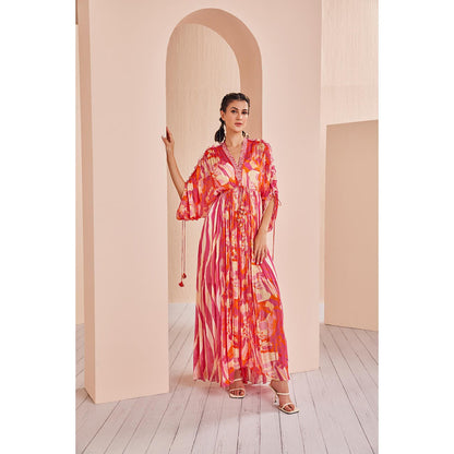 MANDIRA WIRK Pink Printed Chiffon Kaftan (Set of 2)
