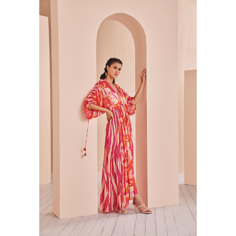 MANDIRA WIRK Pink Printed Chiffon Kaftan (Set of 2)
