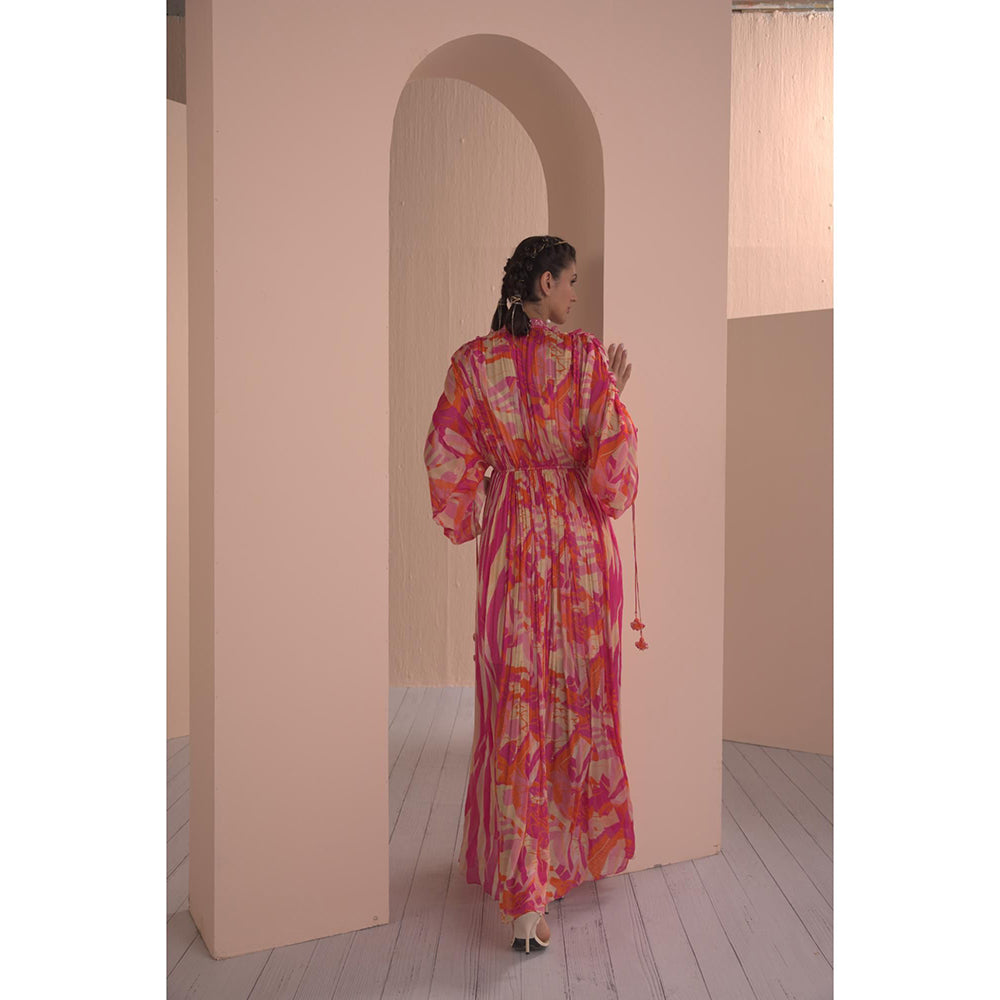 MANDIRA WIRK Pink Printed Chiffon Kaftan (Set of 2)