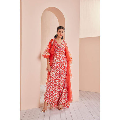 MANDIRA WIRK Printed Satin Jumpsuit with Chiffon Cape (Set of 2)