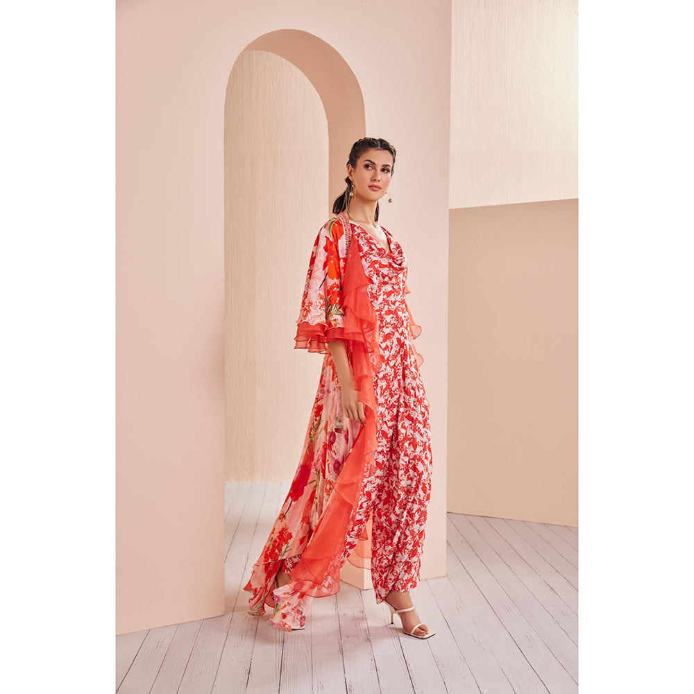 MANDIRA WIRK Printed Satin Jumpsuit with Chiffon Cape (Set of 2)
