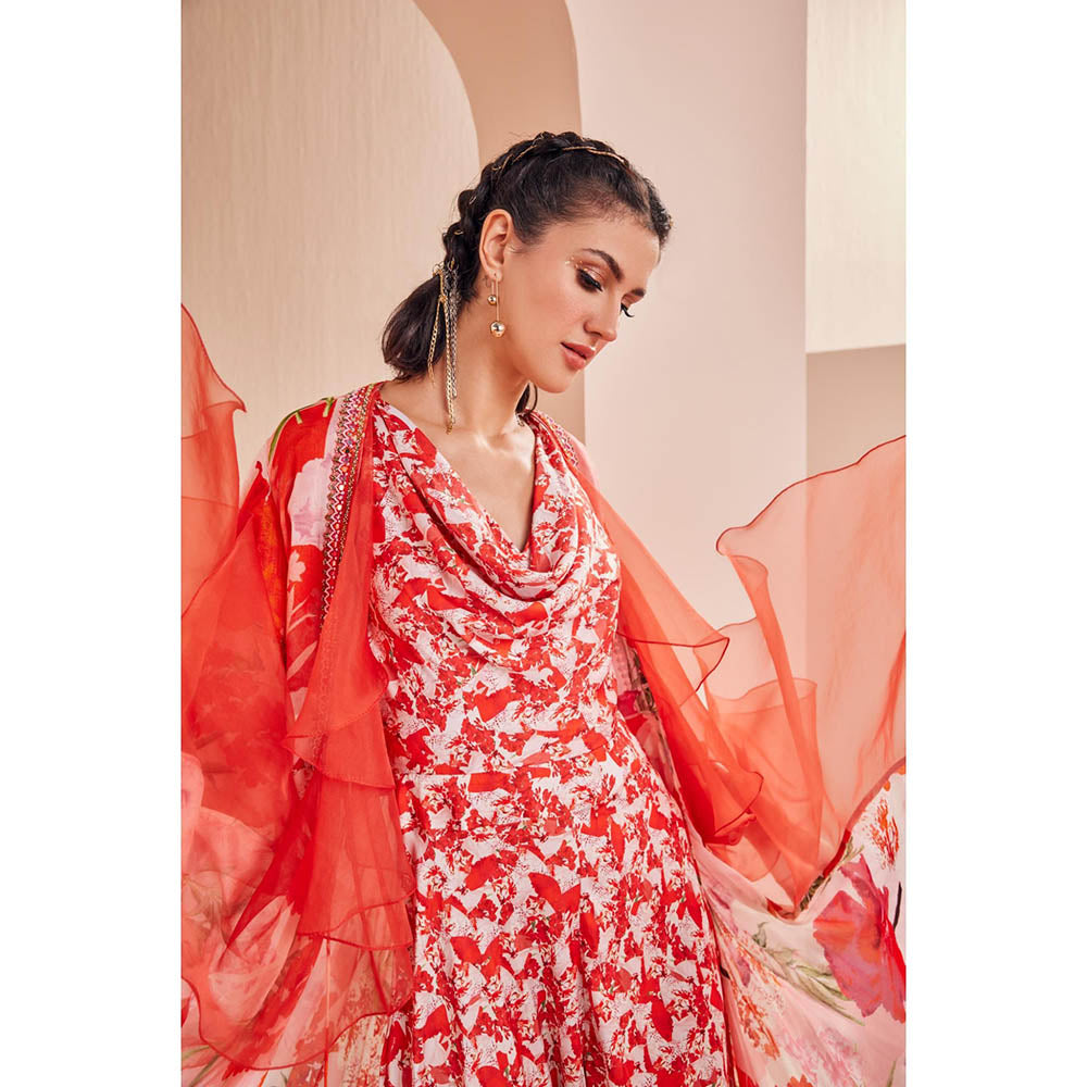 MANDIRA WIRK Printed Satin Jumpsuit with Chiffon Cape (Set of 2)