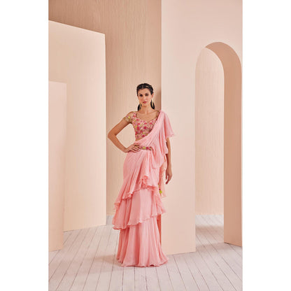 MANDIRA WIRK Chiffon Solid Saree with Embroidered Stitched Blouse and Belt